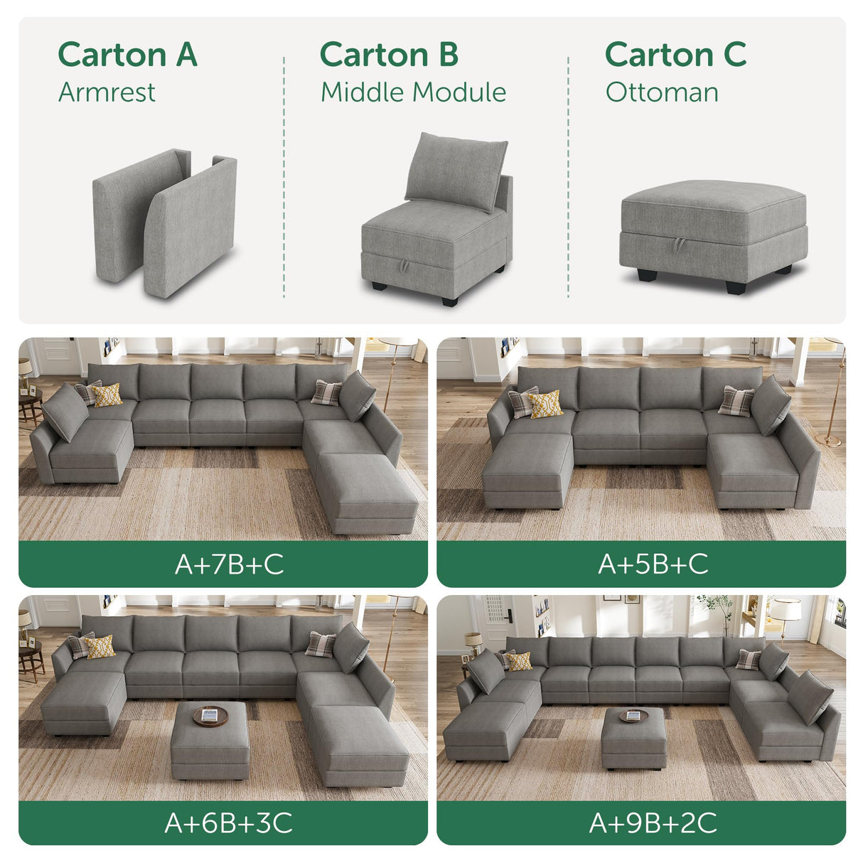 Oversized Modular Sectional Sofa with Storage Seats Reversible Sectional Couch with Ottomans U Shaped Modular Sectional Couch for Living Room, Grey