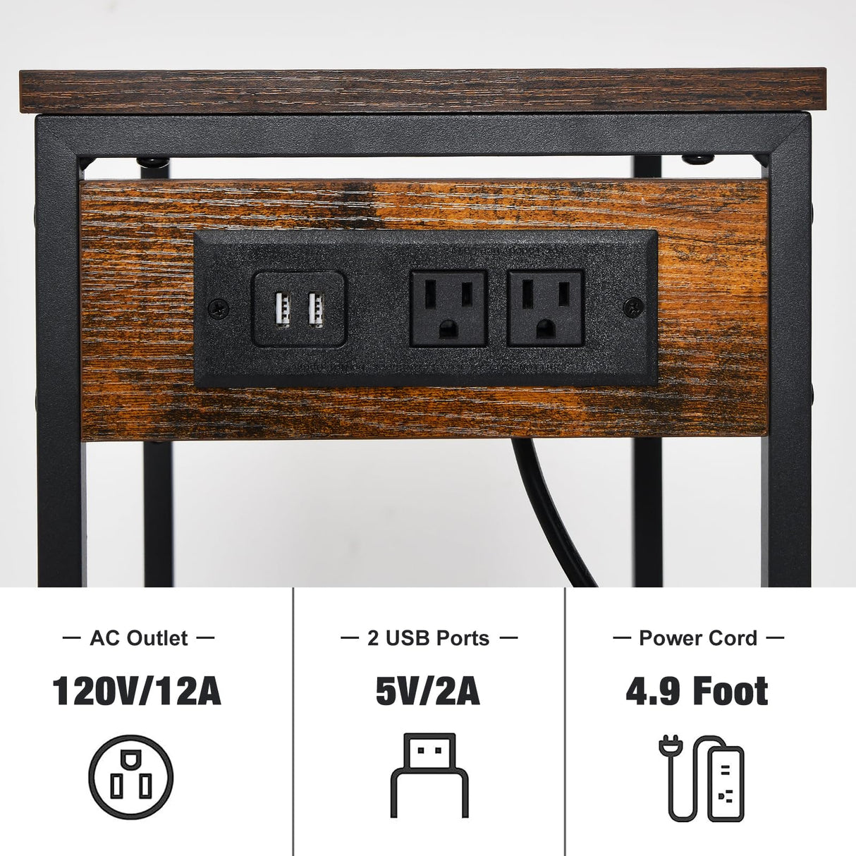 Asgolion Tall End Table with Charging Station, 3 Tier Narrow Tall Nightstand with Storage, Slim Side Table with USB Ports and Outlets for Bedroom, Living Room, Office, Rustic Brown and Black