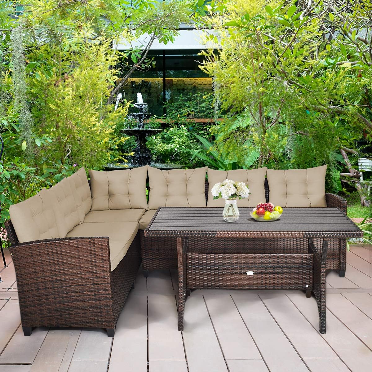 Patio Furniture Set, 3 Pieces Outdoor Conversation Set with 6 Cushioned Seat & Coffee