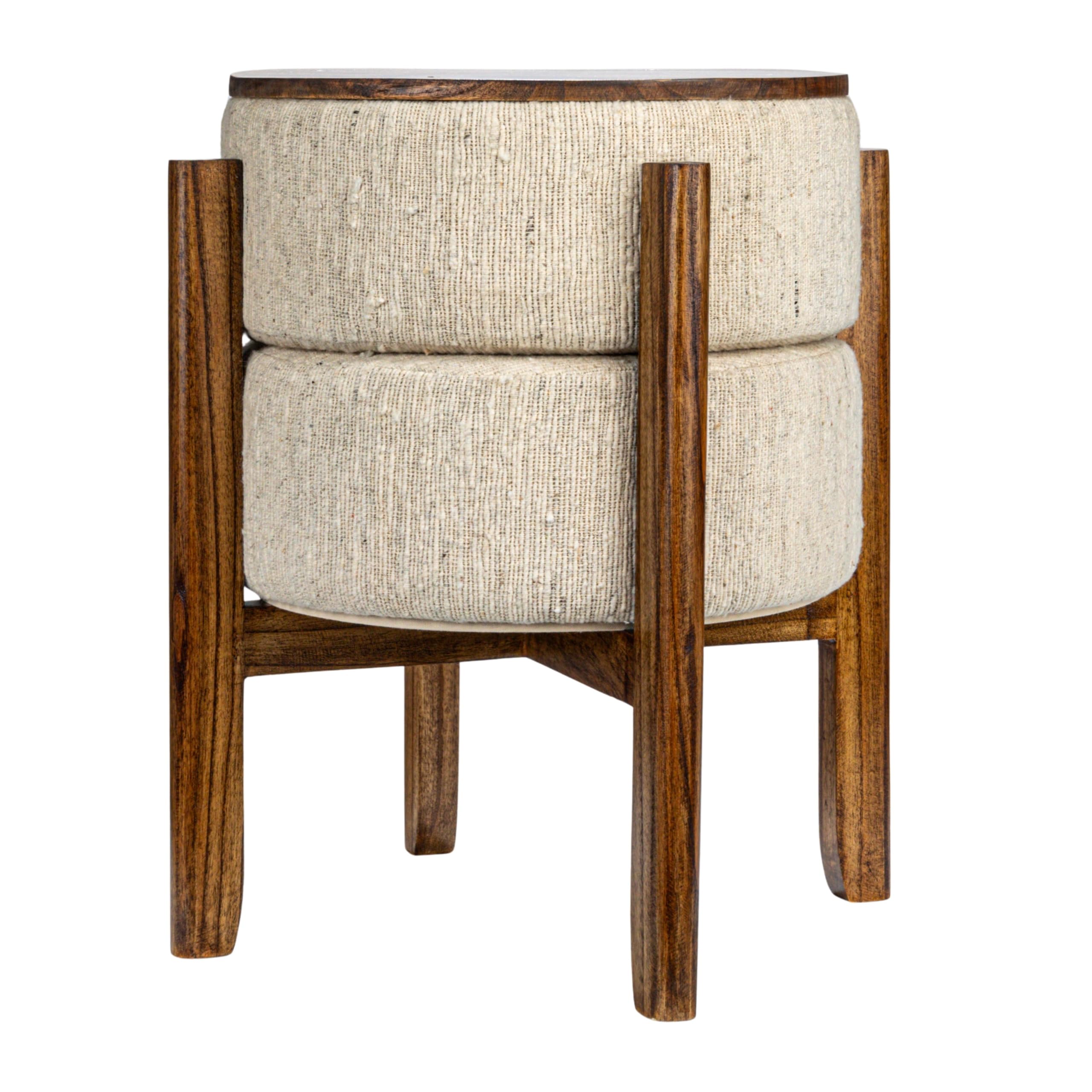 Woven Cotton and Wool Blend Table/Stool with Oak Wood Legs and Reversible Top