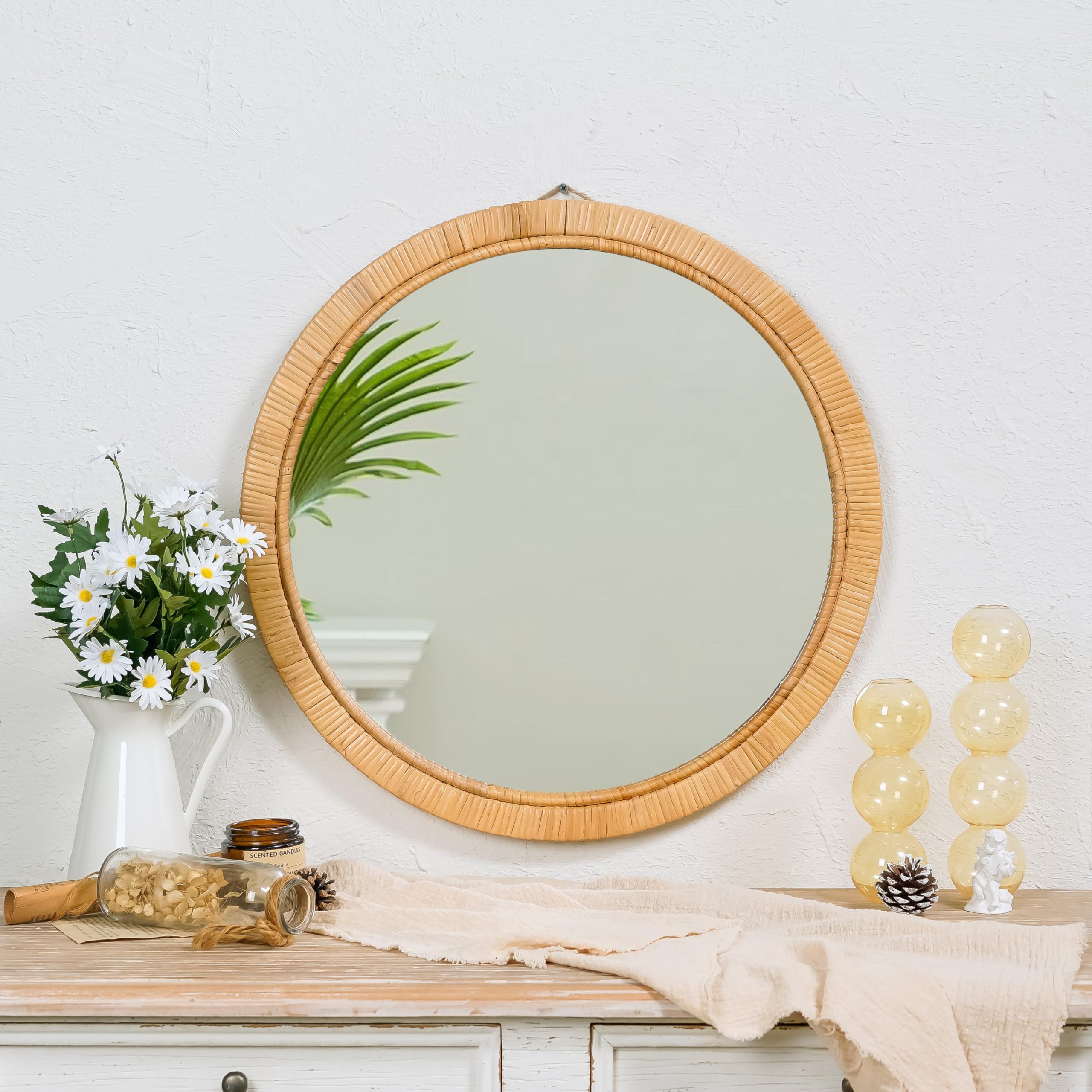 Rattan Wall Mirror Rattan Framed Round Mirror Decorative Farmhouse Hanging Mirror