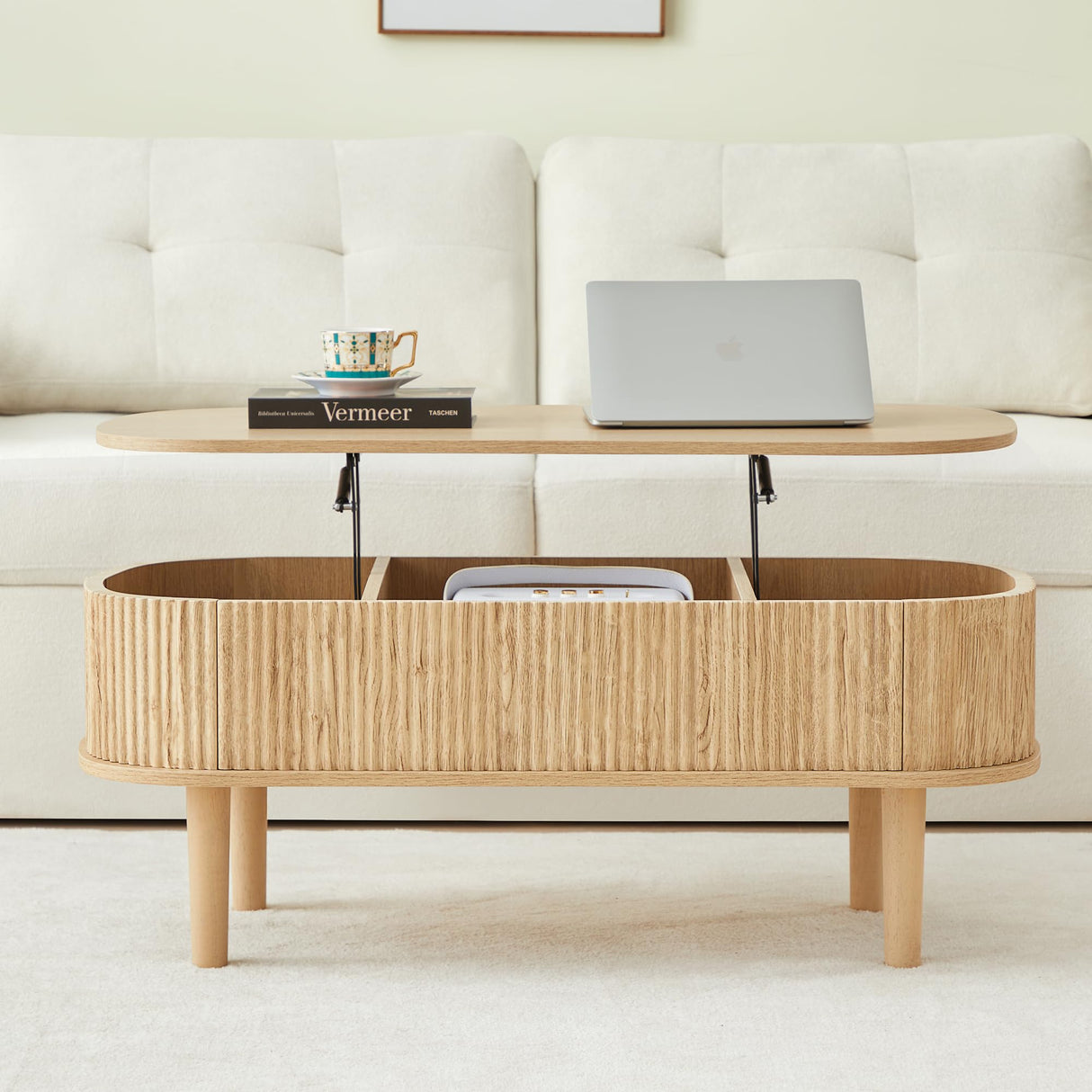 Fluted Lift Top Coffee Table with Hidden Compartment