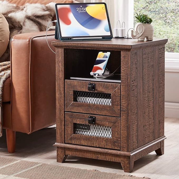 Nightstand with Charging Station, 18'' Industrial & Farmhouse End Table