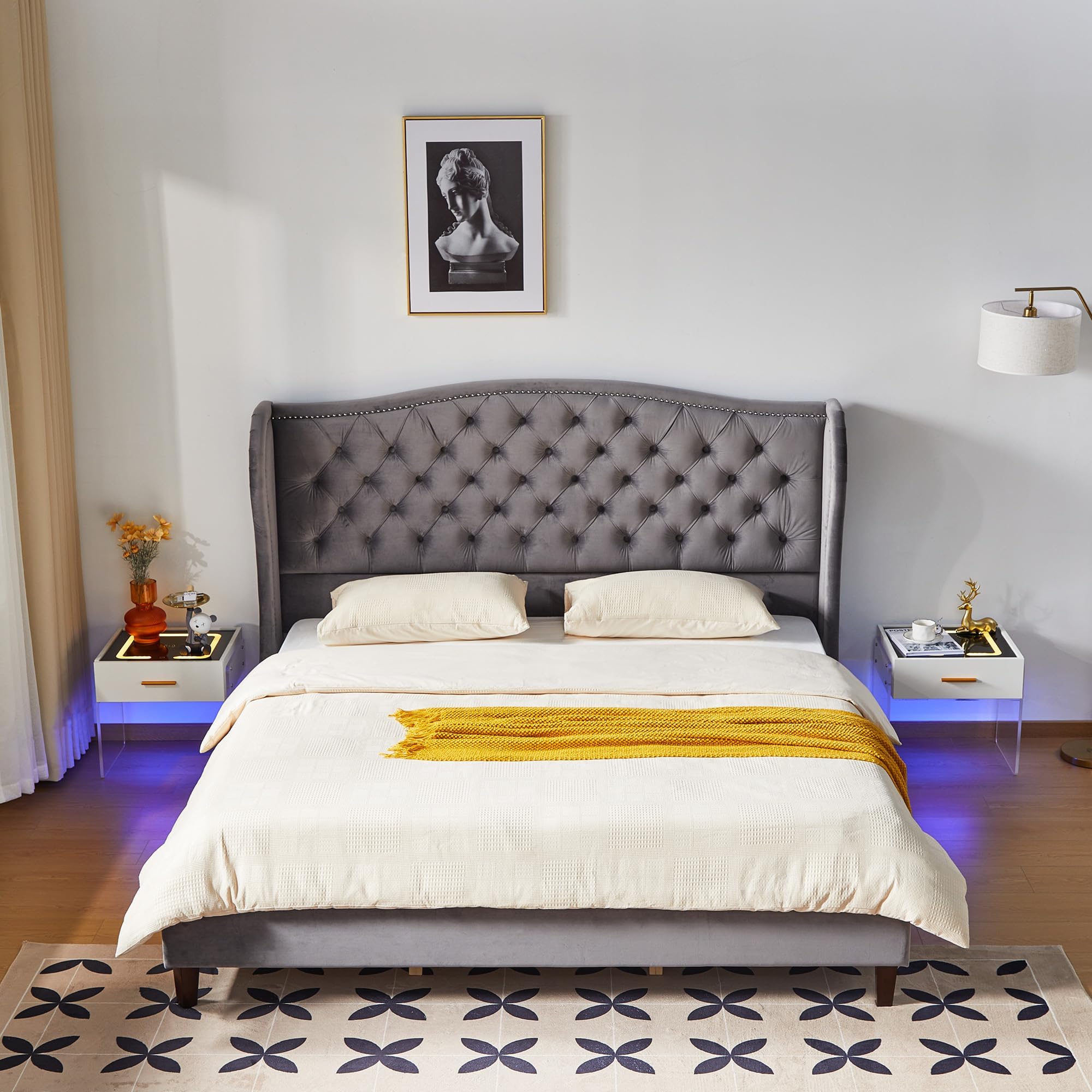 Nightstand, Modern Nightstand with Wireless Charging Station and LED Lights