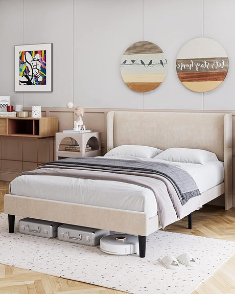 Full Bed Frame, Upholstered Platform Bed with Wingback Headboard, Velvet Upholstered Bed Frame with 2 Storage Pockets,