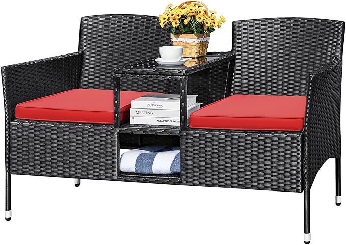 Devoko Outdoor Patio Loveseat Modern Rattan 2-Seat Patio Conversation Set with Cushions & Built-in Coffee Table Porch Furniture for Garden Lawn Backyard (Grey)