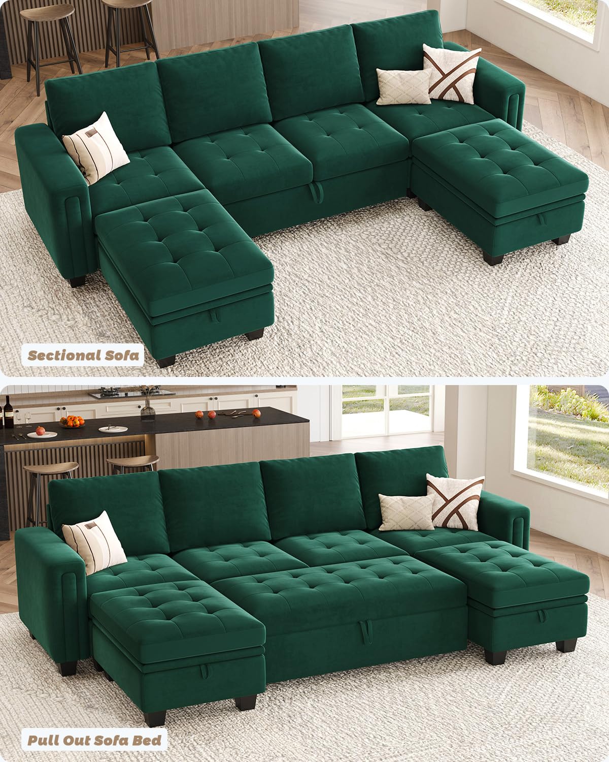 Modular Sectional Sleeper Sofa with Pull Out Bed Velvet Convertible U Shaped Sectional