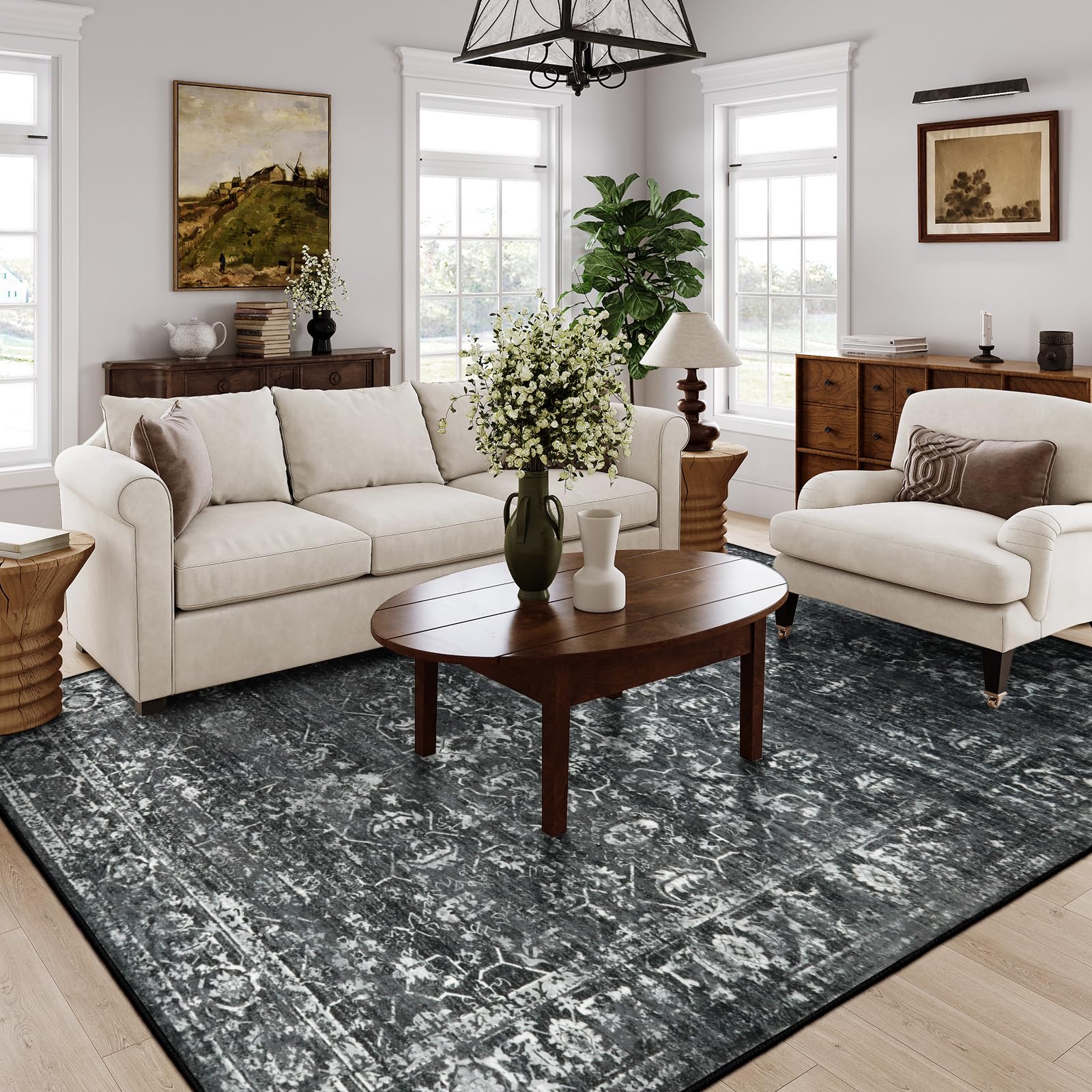 8x10 Area Rugs for Living Room Washable Rugs 8x10 Black Large Rug Indoor Carpet,