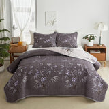 Green Leaves Printed on White Reversible Bedspread Coverlet Set