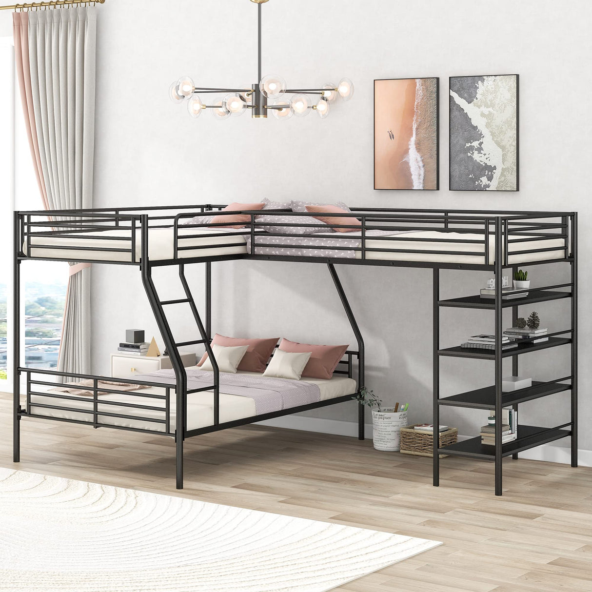 Twin Over Full L-Shape Bunk Bed with Storage Shelves 3 Beds Bunked Metal Frame Black Corner Loft Bed for Three Kids Teens Boys Girls