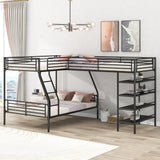 Twin Over Full L-Shape Bunk Bed with Storage Shelves 3 Beds Bunked Metal Frame Black Corner Loft Bed for Three Kids Teens Boys Girls