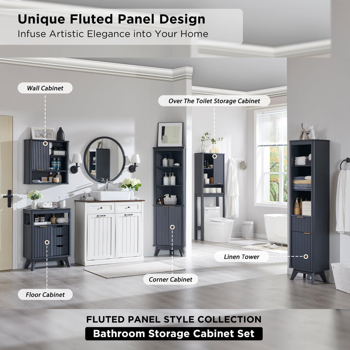 68" Tall Corner Cabinet, Modern Fluted Storage Cabinet with Faux Marble Top & Adjustable
