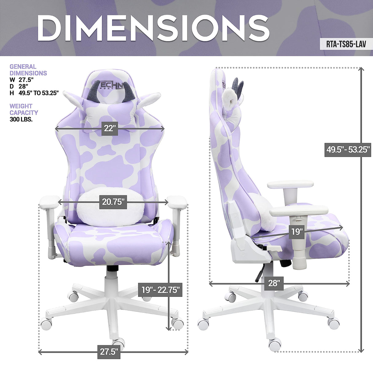 Gaming Chair - Lavender Purple Cow Print - Ergonomic Office Chair with Memory Foam