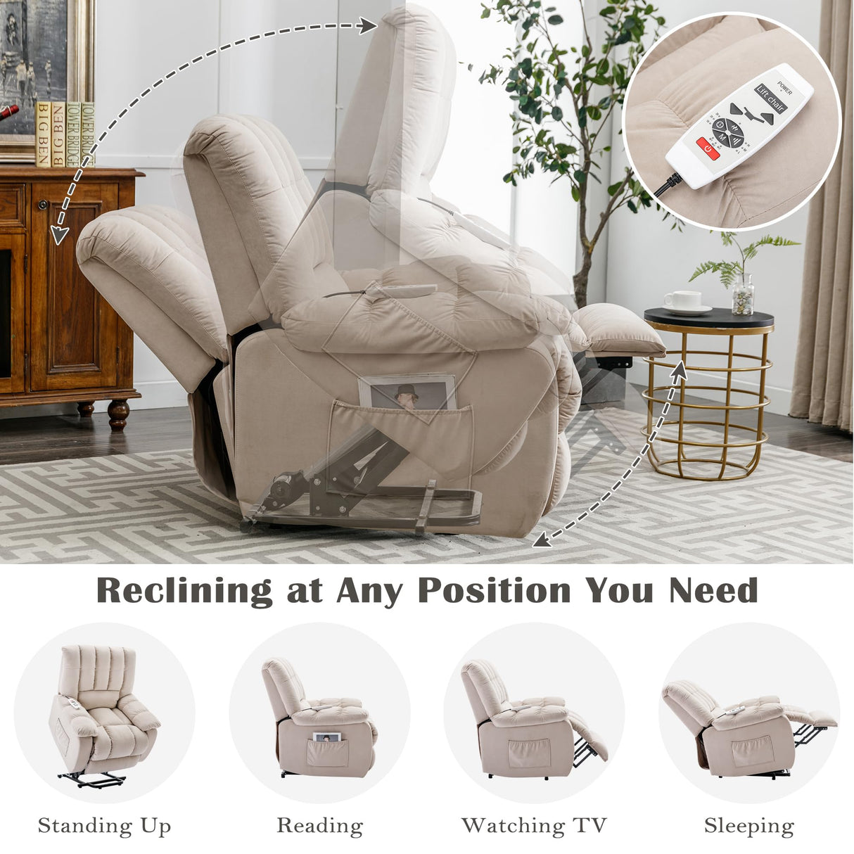 Infinite Position Reclining Chair Single Leisure Sofa w/Massage,Heat&Lumbar Support for Elderly,Overstuffed Home Theater Seating Lounge w/Side Pocket&Armrest for Livingroom (Beige)