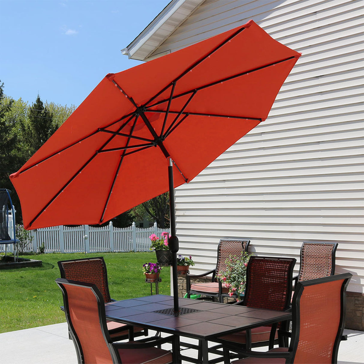 9 ft Outdoor Patio Umbrella with Solar Lights - Polyester LED Table Market Umbrella