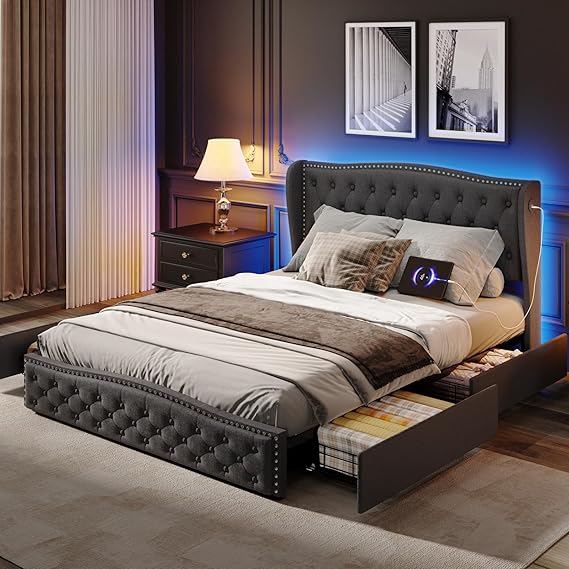 Queen Size Platform Bed Frame with 4 Storage Drawers and Headboard, Upholstered Bed