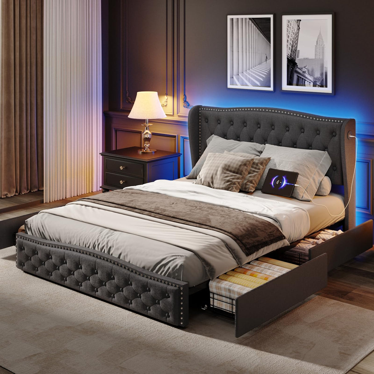 Queen Size Platform Bed Frame with 4 Storage Drawers and Headboard, Upholstered Bed