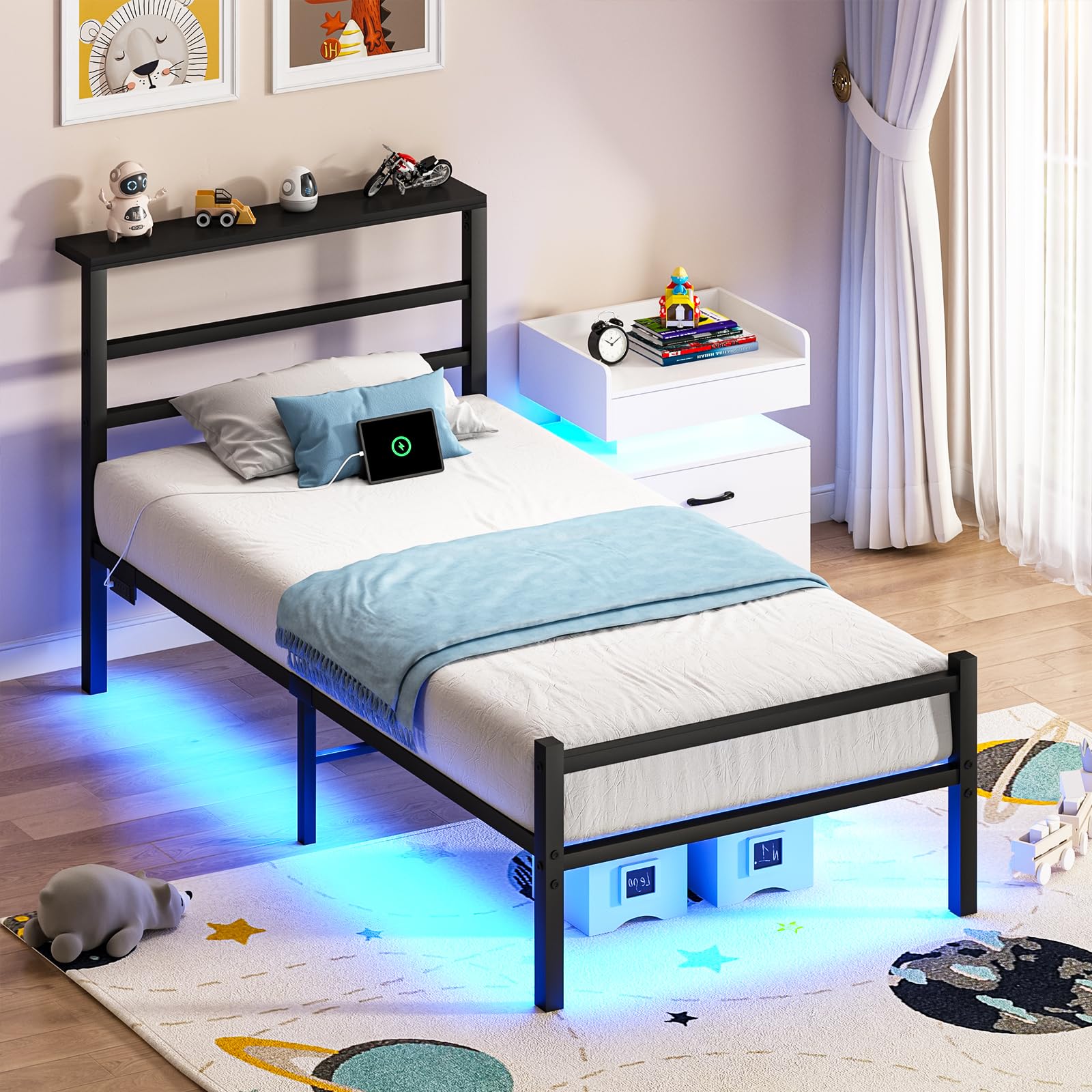 Twin Bed Frame with Headboard Shelf, Metal Platform Bed Frame