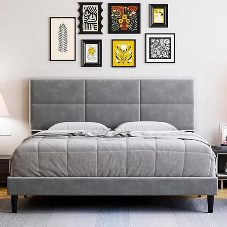 Queen Size Velvet Bed Frame with Headboard, Modern Upholstered Platform Bed,