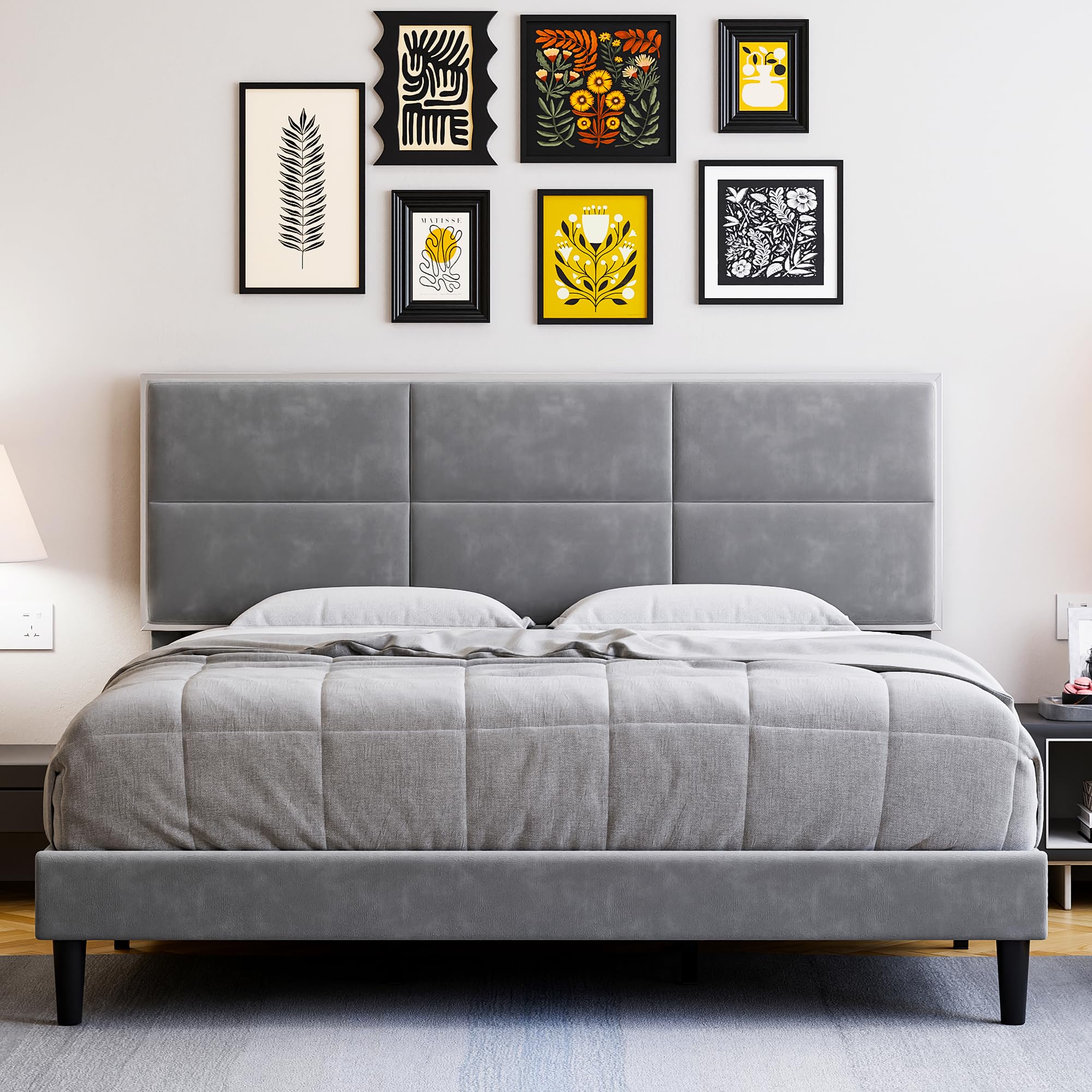 Queen Size Velvet Bed Frame with Headboard, Modern Upholstered Platform Bed,