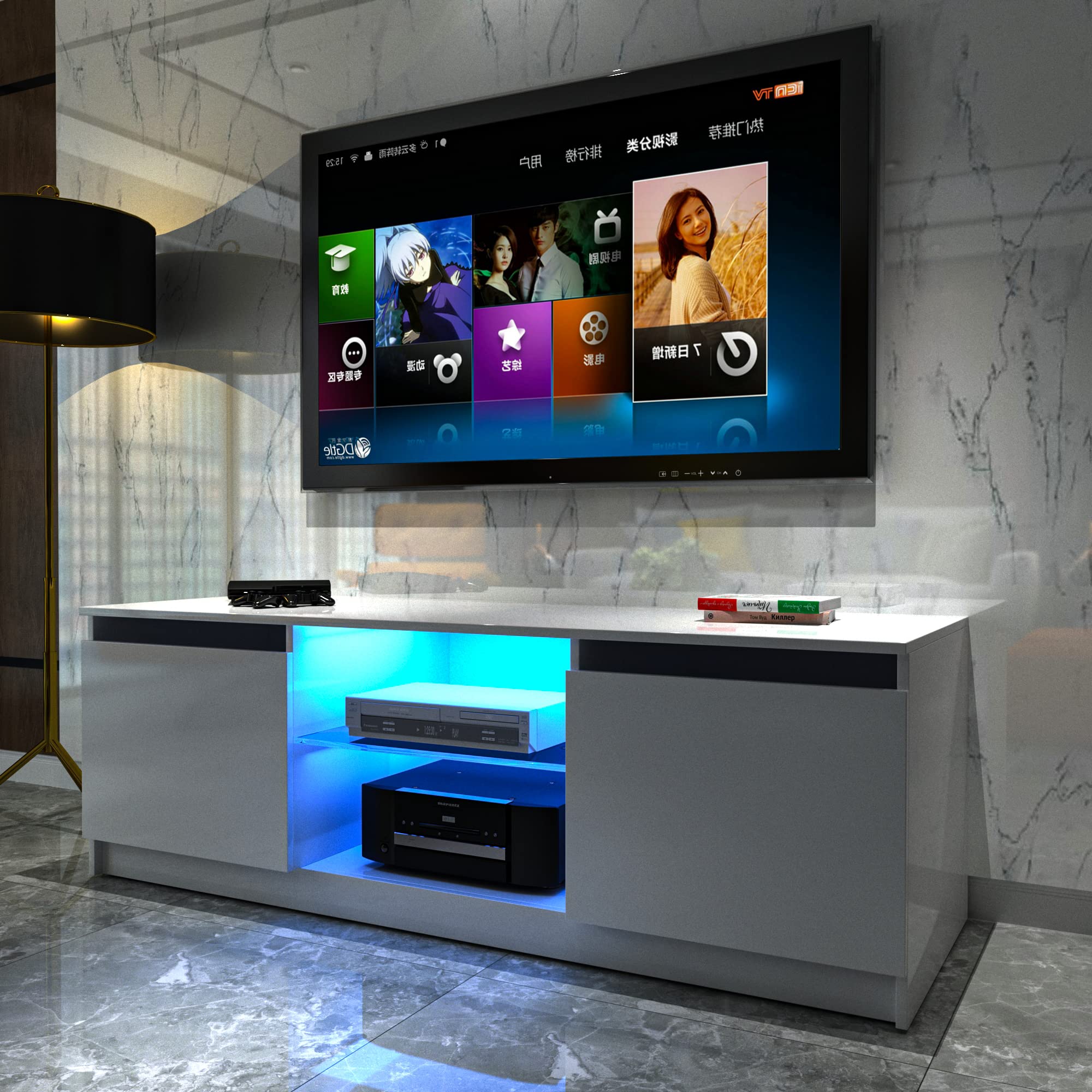 White TV Stand with LED Light for 55 Inch TV, Modern Entertainment Center Stand