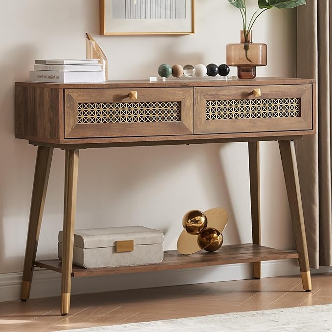 Mid Century Modern Console Table,Boho Wood Sofa Table with 2 Metal Mesh Storage Drawers,