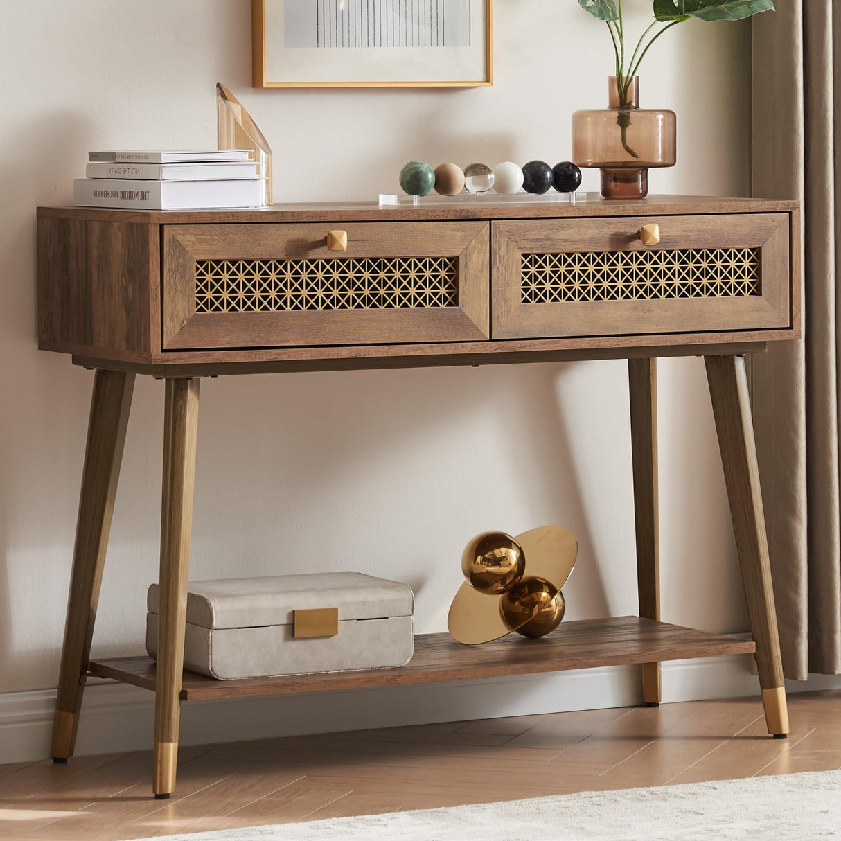 Mid Century Modern Console Table,Boho Wood Sofa Table with 2 Metal Mesh Storage Drawers,