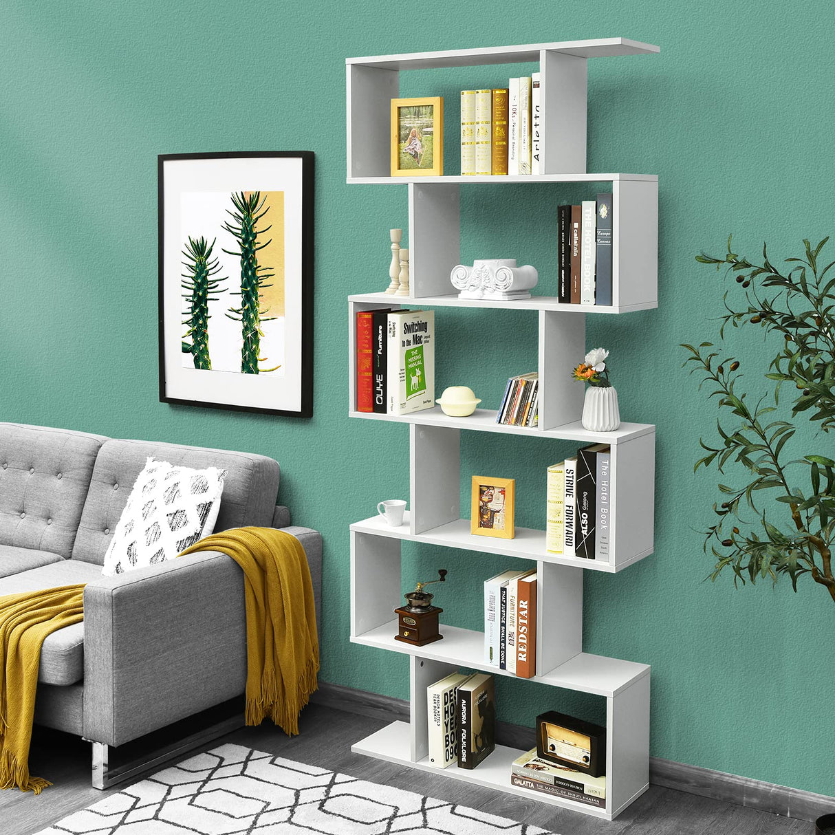 6 Tier S Shaped Bookshelf, 31.5''L x 9''W x 75''H, Wooden Bookcase and Bookshelves w/Anti-Toppling Device, Room Divider Display Shelves for Living Room, Home Decor, 6 Shelf Bookshelf