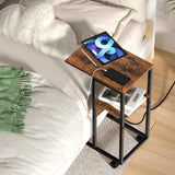 C Shaped End Table with Charging Station,Side Table for Couch