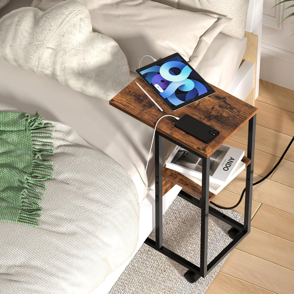 C Shaped End Table with Charging Station,Side Table for Couch