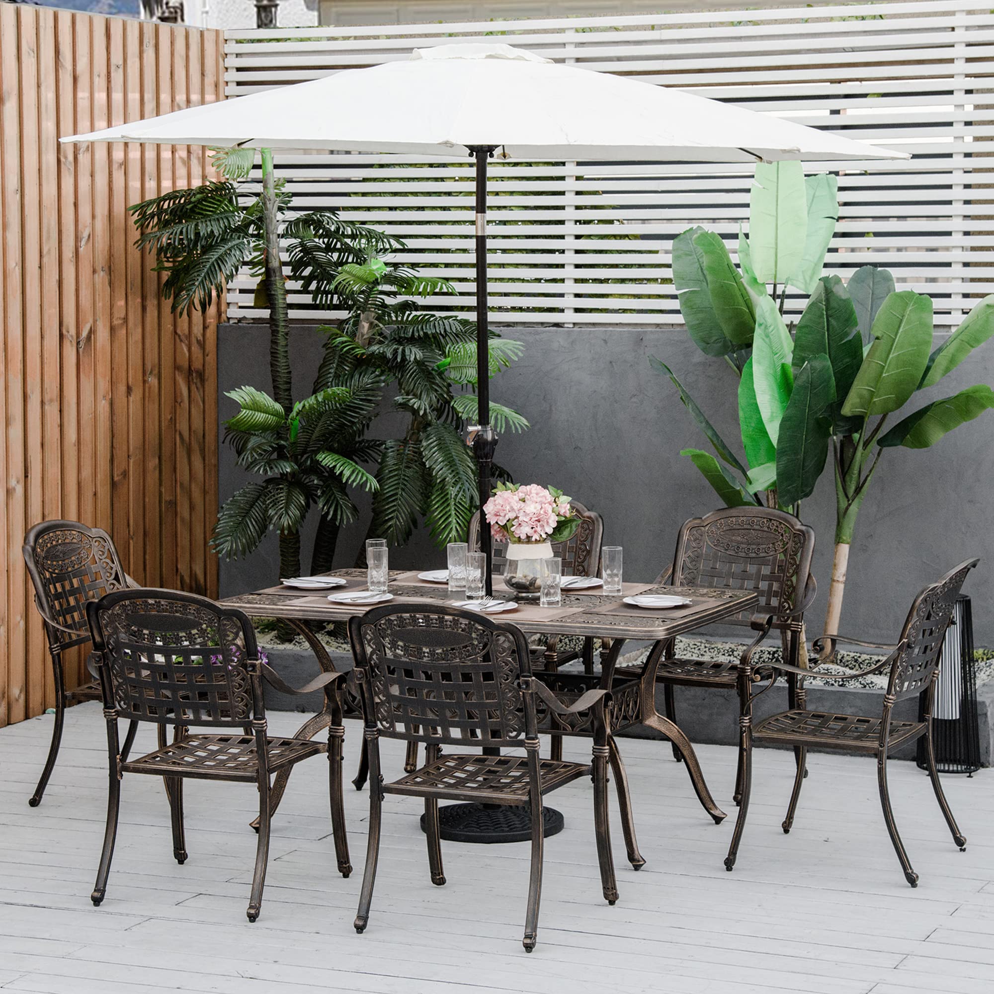 7-Piece Patio Dining Set, Cast Aluminum Outdoor Furniture Set with 6 Armchairs