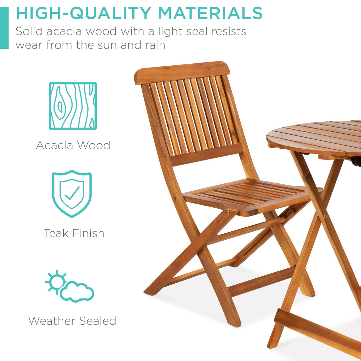 3-Piece Acacia Wood Bistro Set, Folding Patio Furniture for Backyard