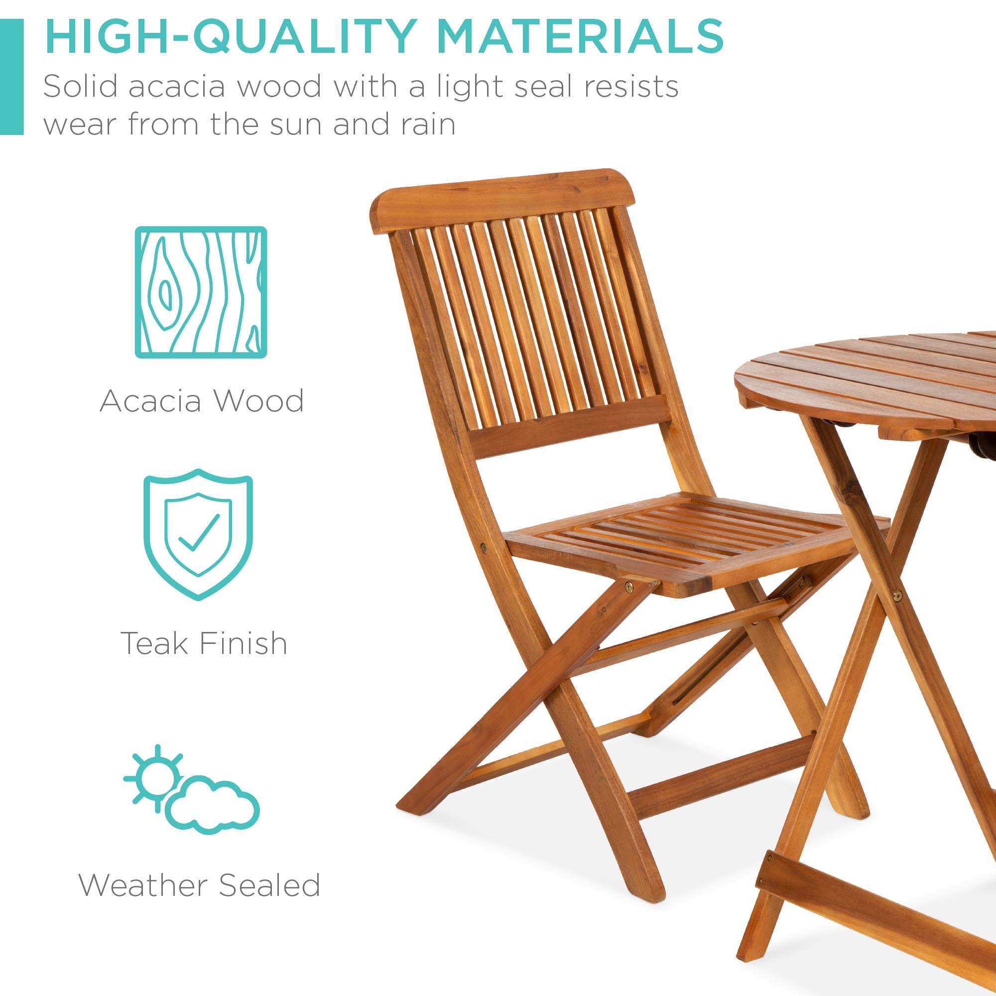 3-Piece Acacia Wood Bistro Set, Folding Patio Furniture for Backyard