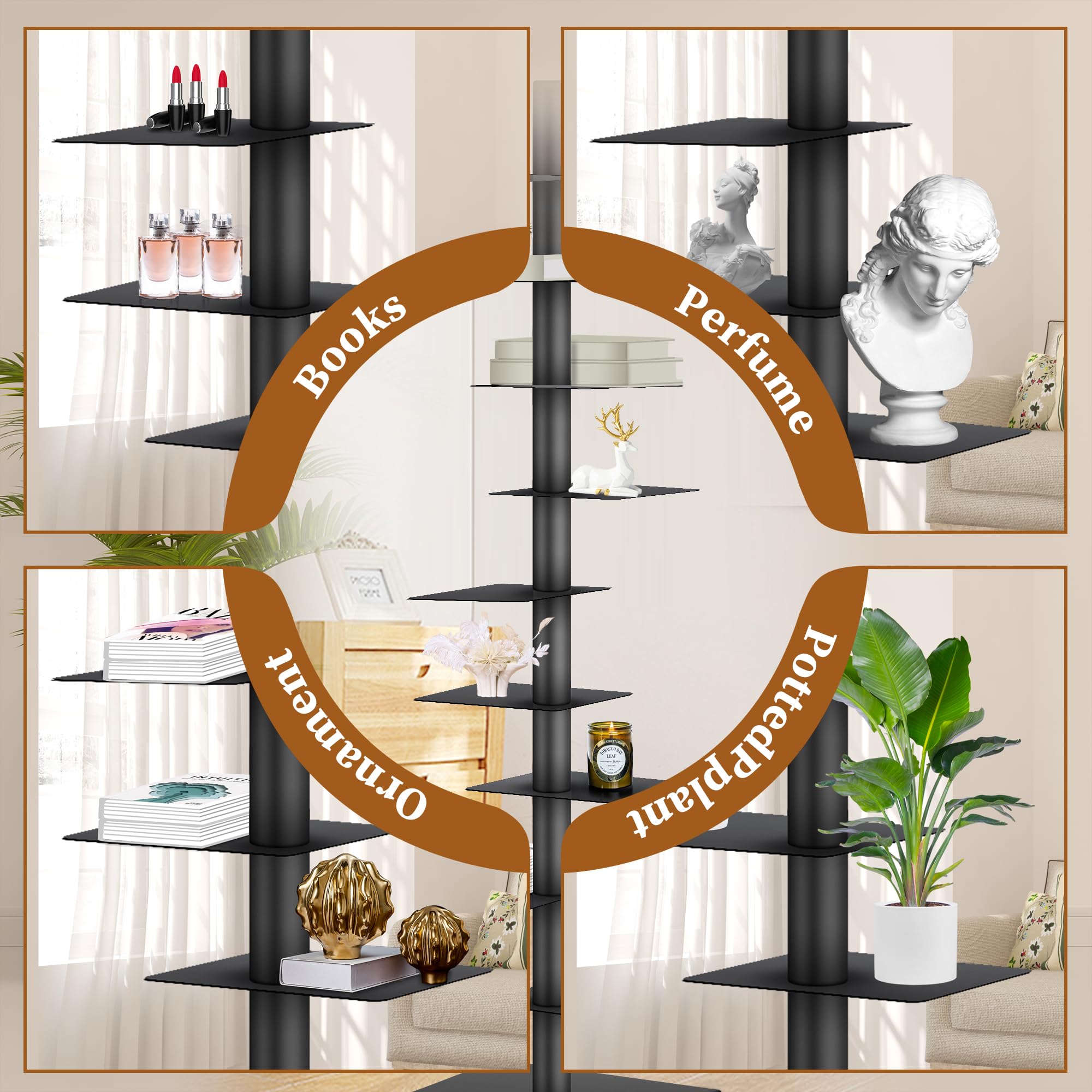 Metal Vertical Bookshelf Tower, Freestanding Invisible Spine Bookshelf, Tall Ladder Bookcase Floating Shelf for Small Spaces, Modern Storage Corner Shelf for Living Room, Office, Bedroom Decor