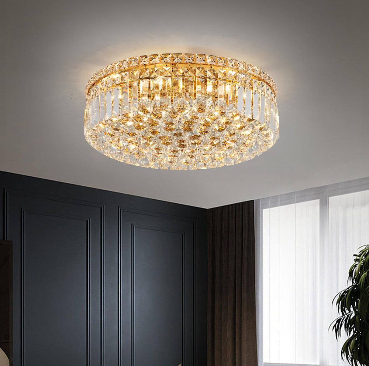 6-Lights Gold Crystal Flush Mount Chandelier Light Fixture K9 Crystals Modern Ceiling