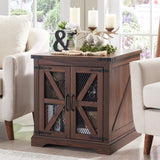 Farmhouse End Table, 24" Large Sofa Side Table with Charging Station, Mesh Barn Door