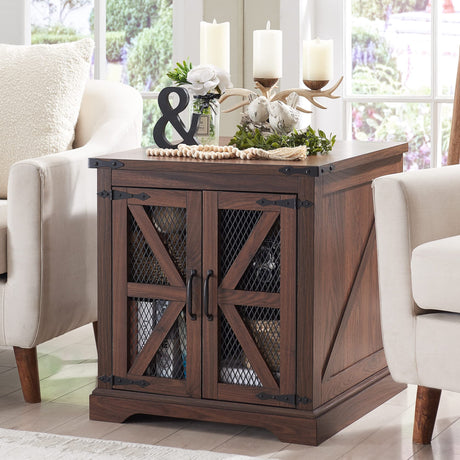 Farmhouse End Table, 24" Large Sofa Side Table with Charging Station, Mesh Barn Door