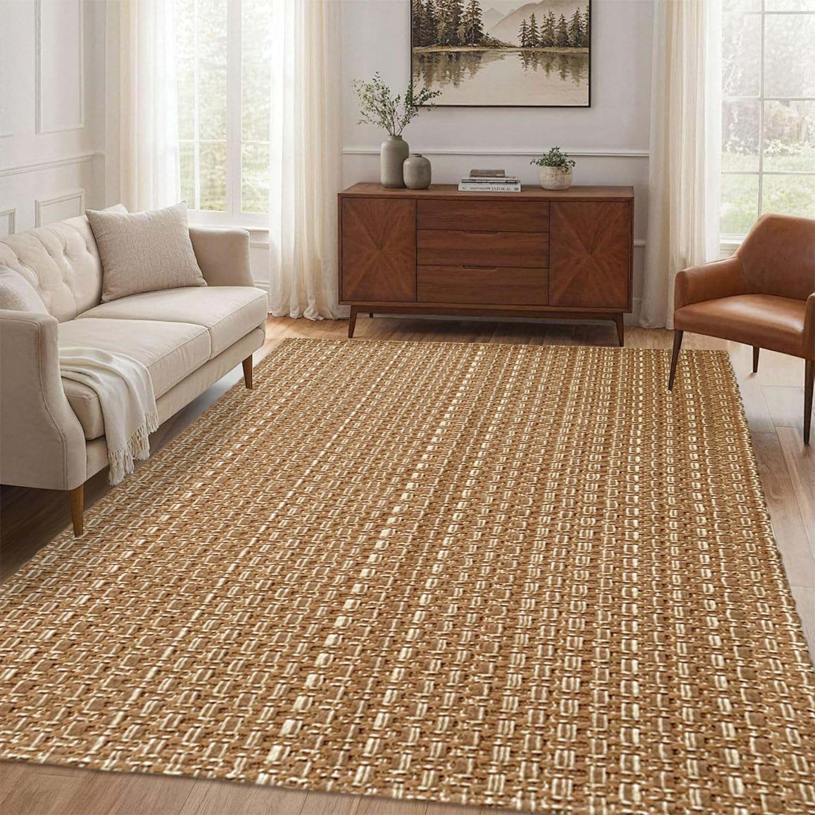 Washable Area Rug 5x7 ft,Rubber Backed Non Slip Neutral Rugs for Living Room,Office Rugs,Hand Braided Bedroom Rug,Faux Jute Rug,Indoor Floor Solid Carpets for Dining,Light Brown