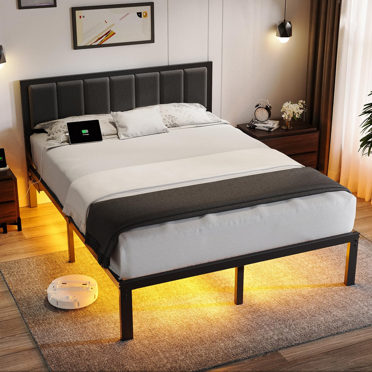 Queen Bed Frame with Headboard, USB Charging & LED Lights