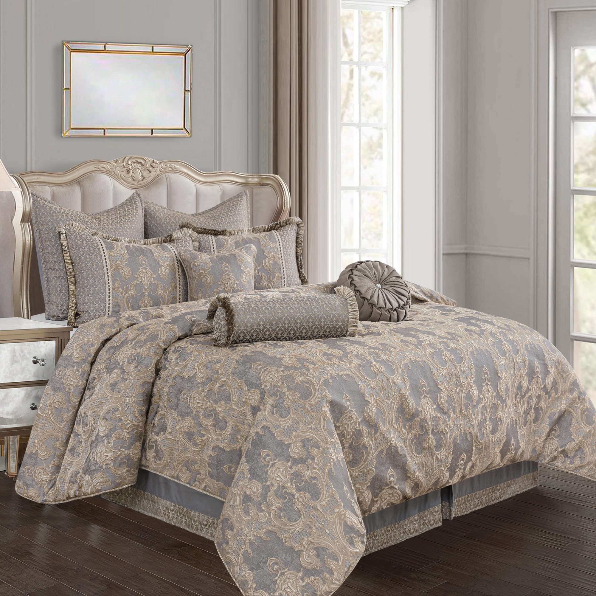 9-Piece Jacquard Comforter Set King - Royal Damask Design Luxury Bedding