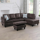 Linen Upholstered L-Shape Sectional Sofa with Storage Ottoman & Chaise