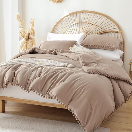 Queen Comforter Set - Comforter Queen Size Sets with Ball Pom Fringe, Soft Bedding Set