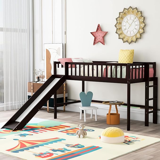 Twin Loft Bed with Slide,Wood Loft Bed Low Profile for Boys Girls, Built-in Ladder