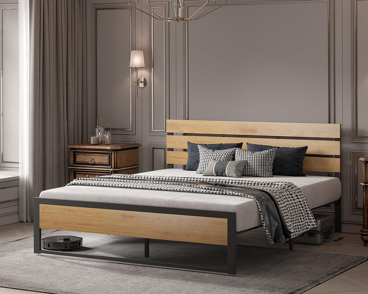 Full Size Bed Frame Steady Steel Platform with Wood Headboard/Footboard