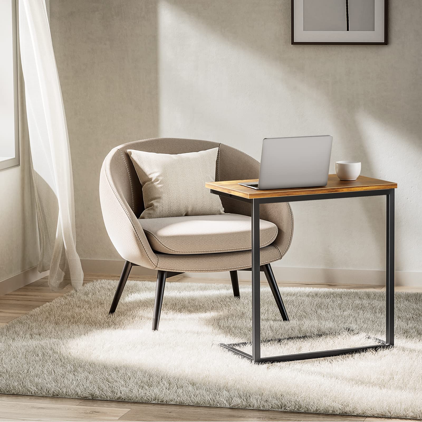 C Shaped End Table Set of 2, Side Table for Couch Slide Under, C Table Sofa Side End Table