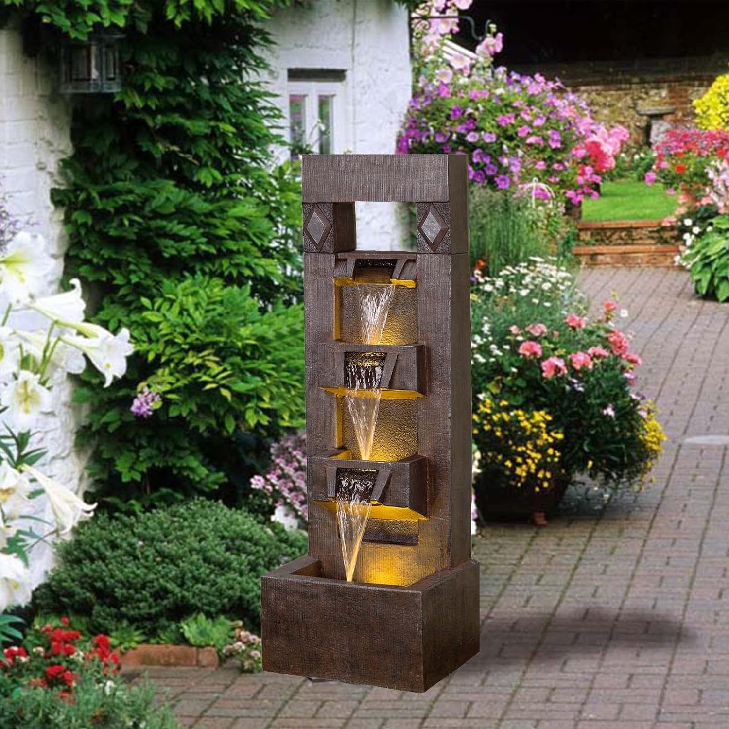 40.94''H Water Fountain Outdoor with LED and Pump, 4 Tiered Large Garden Waterfall