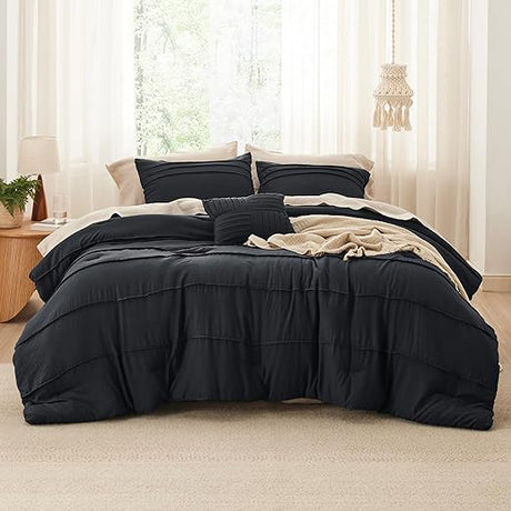 Navy Blue King Size Comforter Set - 4 Pieces Pinch Pleat Bed Set, Down Alternative