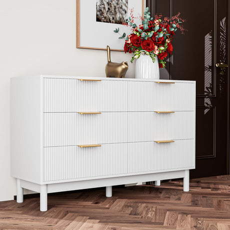 6 Drawer Dresser White Gold for Bedroom, White Wood Modern Double Dresser