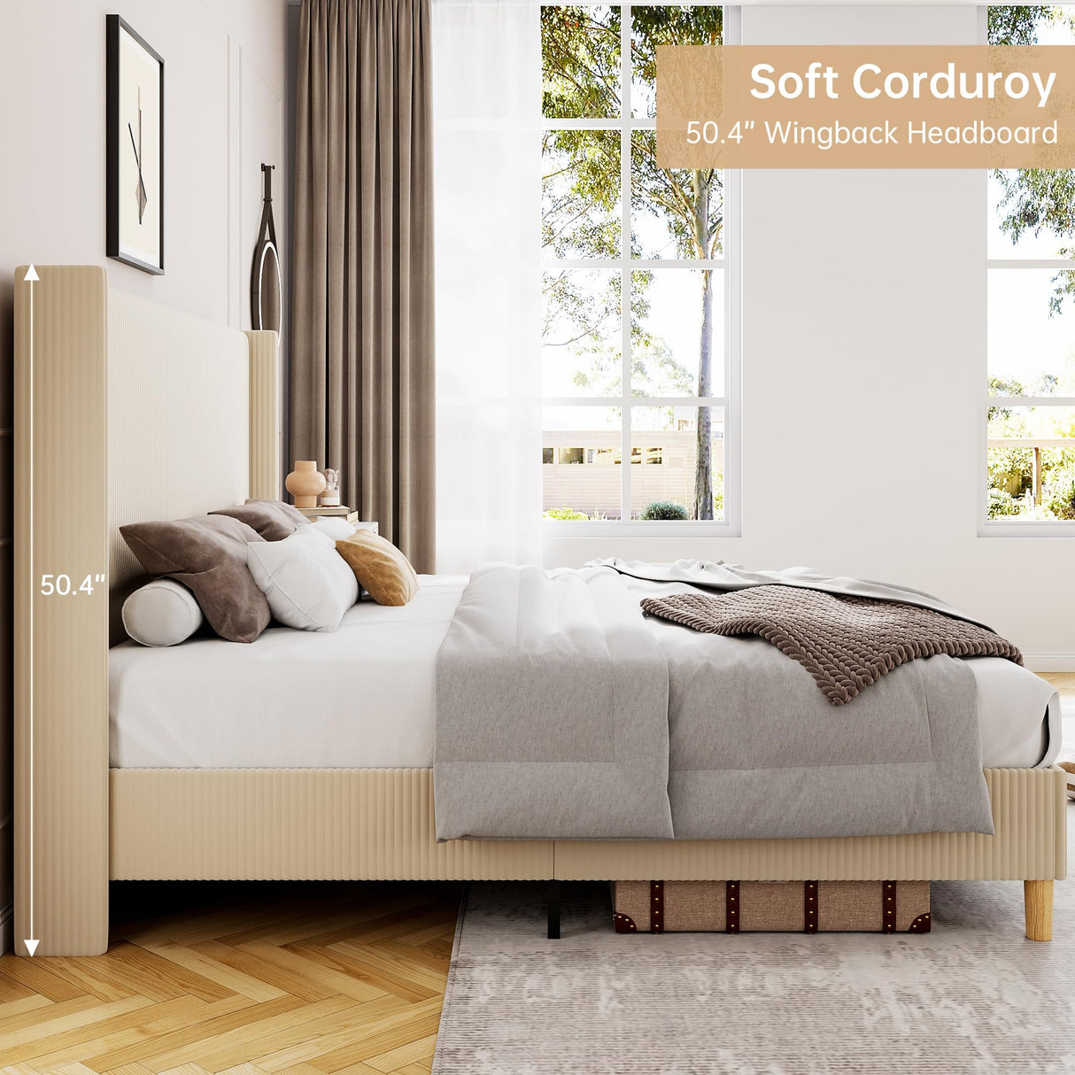 King Size Corduroy Upholstered Platform Bed Frame with 51" Wingback Headboard