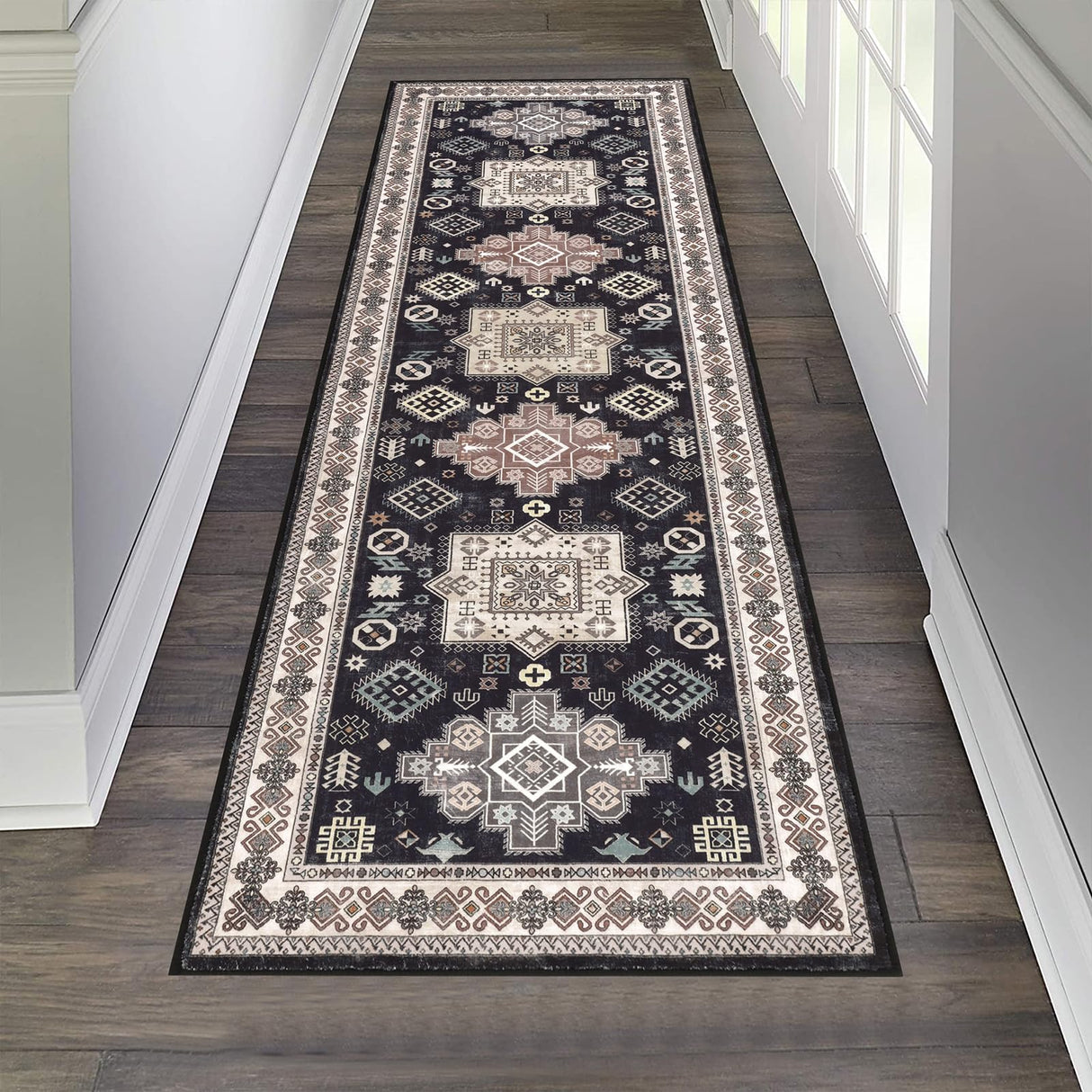 Pauwer Runner Rug 2x6 Non-Slip Washable Low-Pile Accent Rug, Vintage Distressed Throw Carpet, Hallway Kitchen Mat Non-Shedding, Living Room Entryway Foyer Bedroom Area Rug(Black, 2'x6' Ft)